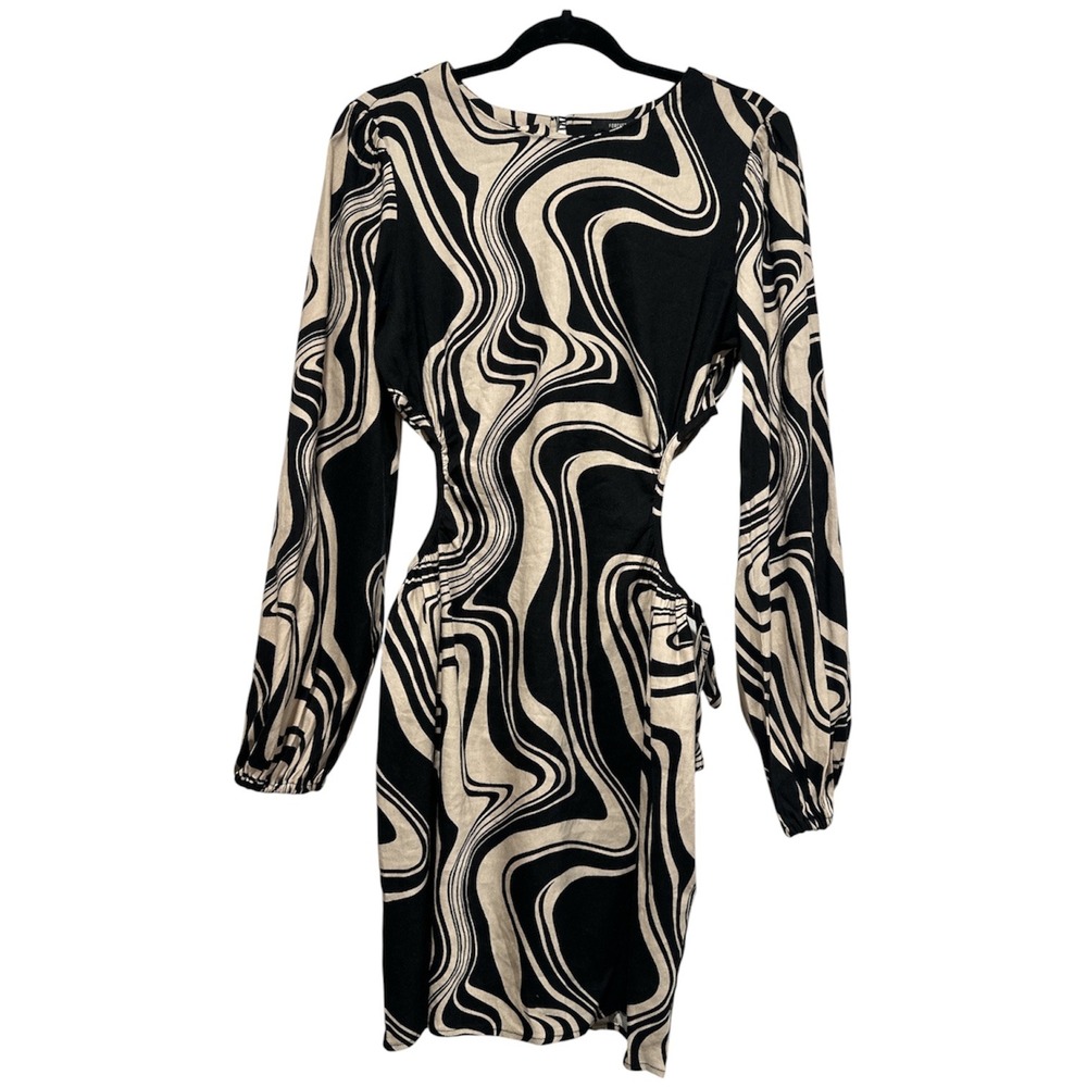 Forever 21 Woven Dress Women L Black Cream Swirl Cut Out NWT Marble Print Mini